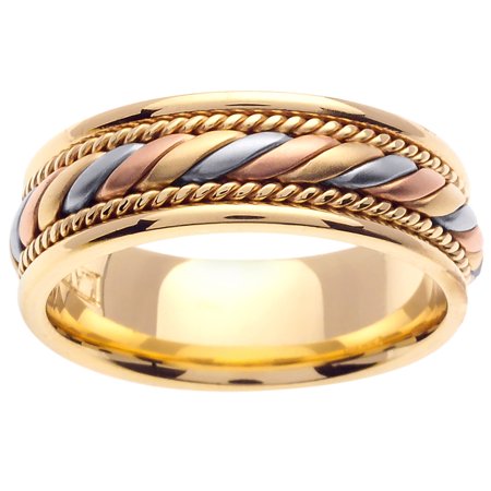 - 18K Tri Color Gold Coil Braid Handmade Comfort Fit Women's Wedding Band (7mm)