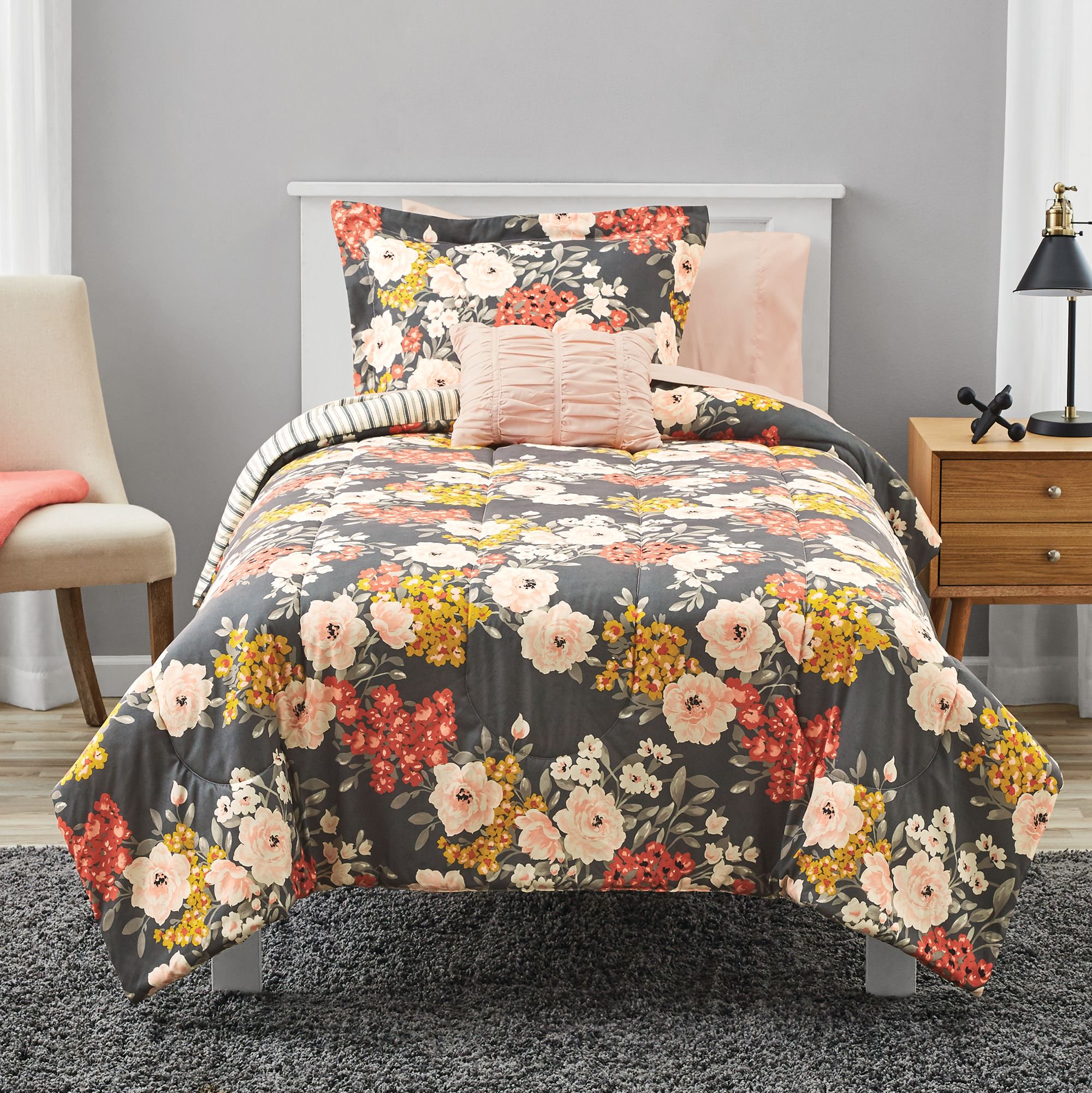 Mainstays Grey Fl Bed In A Bag Comforter Bedding Twin