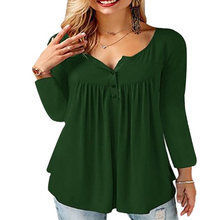 - JustVH Women's Solid Henley V-Neck Casual Blouse Pleated Button Tunic Shirt Top