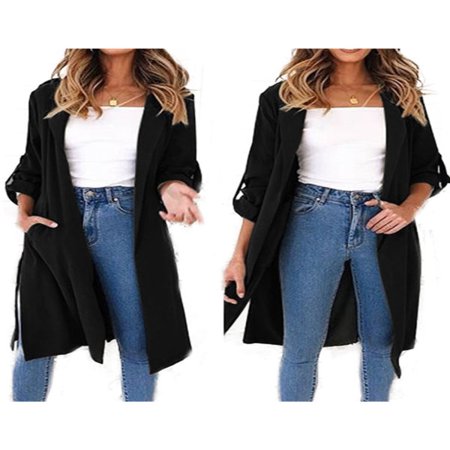 Belted Blazer - Womens Waterfall Long Trench Coat Ladies 3/4 Sleeve Drape Belted Blazer Outwear