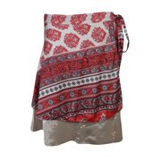 Mogul Indian Vintage Wrap Skirt Red Printed Reversible Magic Silk Wrap Around Skirts