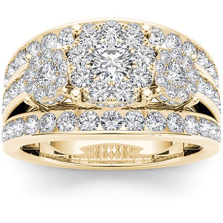 3 Cluster Diamond Ring - 2 Carat T.W. 10kt Yellow Gold Diamond Three Round Shape Cluster Engagement Ring