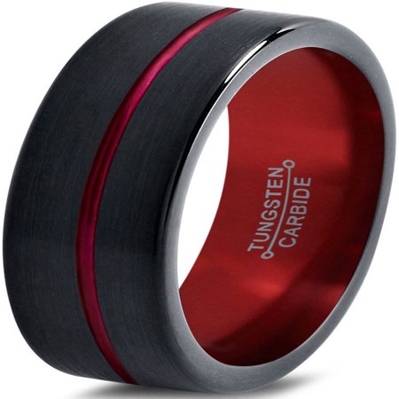 Brushed Satin Flat Band - Tungsten Wedding Band Ring 4mm for Men Women Black Red Center Line Flat Pipe Cut Brushed Polished Lifetime Guarantee