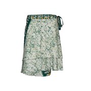 Mogul Magic Wraps Skirt Green Printed Two Layer Reversible Silk Sari Mini Skirt , Beach Wear