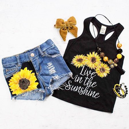 2PCS Toddler Baby Kids Girl Summer Clothes Live in The Sunshine Sunflower Vest Tank Tops+Denim Short Pants Outfit Set 1-2 Years