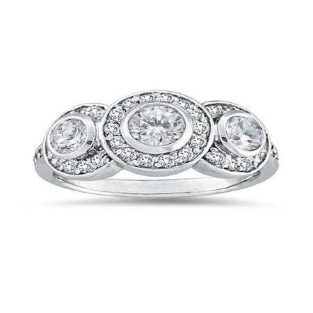 - 3/4ct Diamond Three Stone Engagement Ring 14K White Gold Bezel Solitaire Round