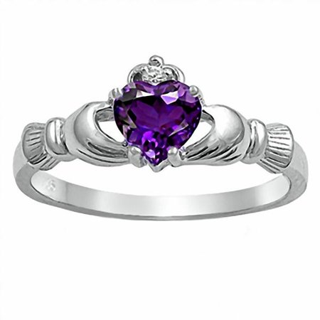 Light Amethyst Cubic Zirconia Ring - Delaney: 0.765ct Heart cut Simulated Amethyst Ice CZ Claddagh Ring Sterling Silver sz 6.0