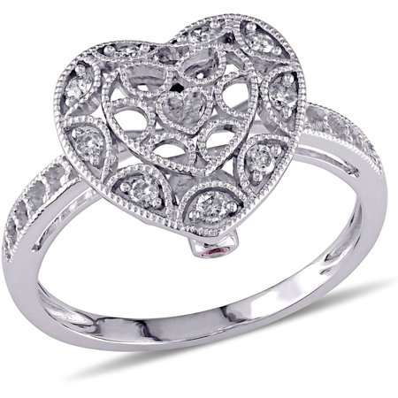 Blue Topaz Milgrain Ring - 1/5 Carat T.W. Diamond and Pink Sapphire-Accent 10kt White Gold Milgrain Design Heart Ring
