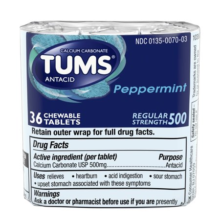 (2 Pack) Tums antacid chewable tablets for heartburn relief, regular strength, peppermint, 3-rolls of 12