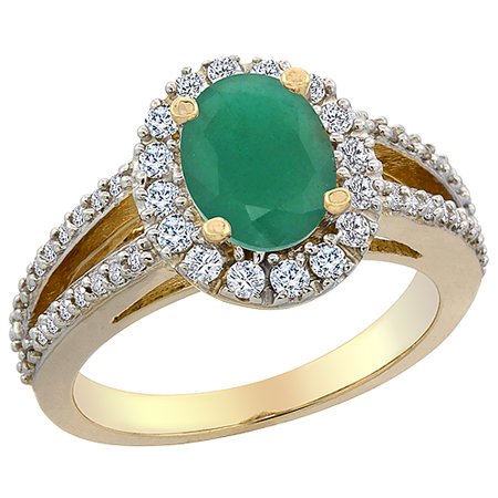 - 10K Yellow Gold Natural Cabochon Emerald Halo Ring Oval 8x6 mm with Diamond Accents, size 5.5