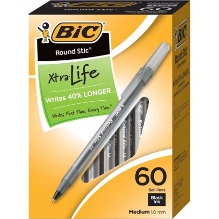 BIC Round Stic Xtra Life Ball Pen, Medium Point (1.0mm), Black, 60 (Best Pens For Writing On Wood)