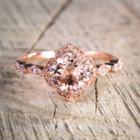 Antique Gemstone Engagement Rings - Antique Design 1.25 Carat Peach Pink Morganite (Round Shaped) and Diamond Engagement Ring in 10k Rose Gold Jewelry