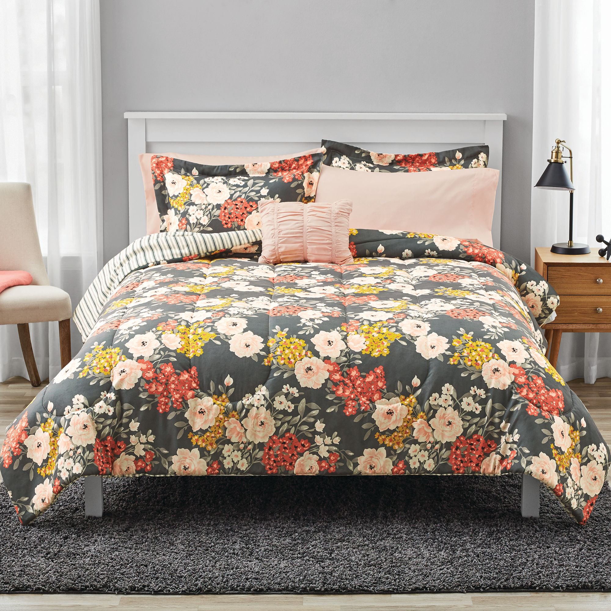 Mainstays Grey Fl Bed In A Bag Bedding Full