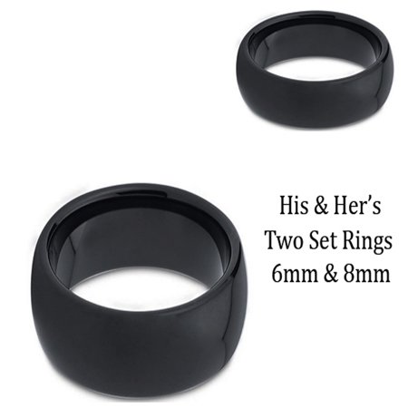 Side Set Dome Ring - His & Her's 8MM/6MM Black Polished Shiny Domed Tungsten Carbide Wedding Band Ring Set