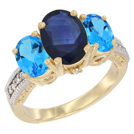 Natural Blue Sapphire Ring - 14K Yellow Gold Diamond Natural Blue Sapphire Ring 3-Stone Oval 8x6mm with Swiss Blue Topaz, size 9.5