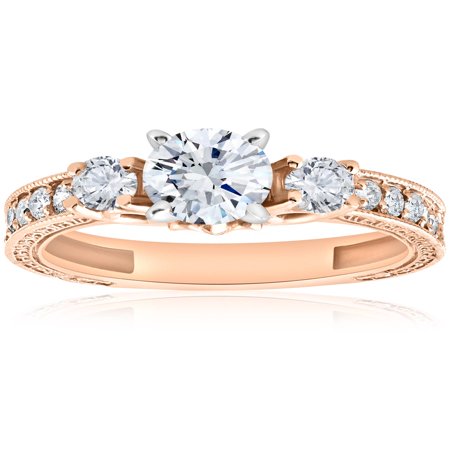 Antique Gemstone Engagement Rings - 1 ct Vintage Real Diamond 3 Stone Engagement Ring 14K Rose Gold Antique Round Cut