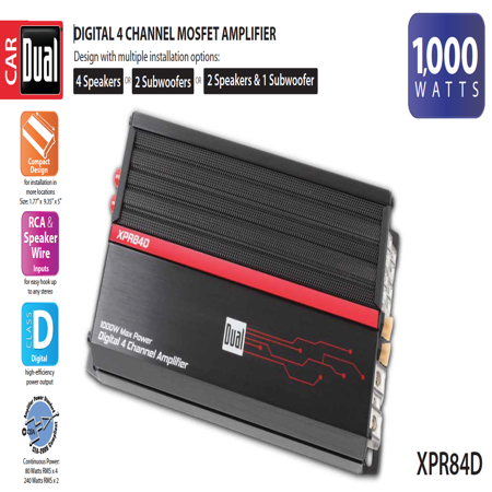Dual Electronics XPR84D 2/1 High Performance Power MOSFET Class D Car Amplifier with 1,000-Watts of Dynamic Peak Power