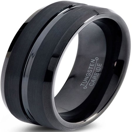 Tungsten Wedding Band Ring 10mm for Men Women Comfort Fit Black Step Beveled Edge Polished Brushed Lifetime