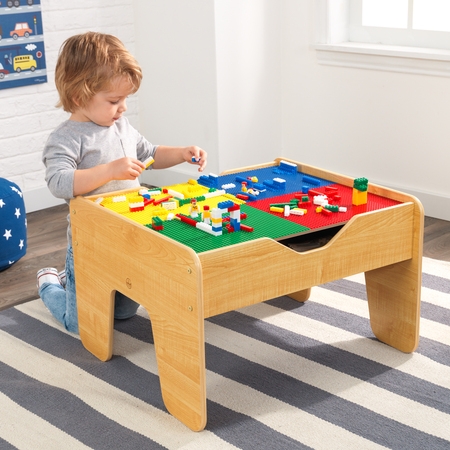 KidKraft 2-in-1 Reversible Top Activity Table with 200 Building Bricks and 30-Piece Wooden Train Set -