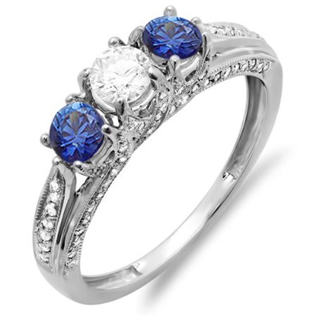 - Dazzlingrock Collection 10K White Diamond & Blue Sapphire Ladies Vintage 3 Stone Engagement Ring, White Gold, Size 8
