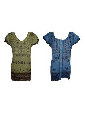 Mogul 2 pc Women's Top Blouse Embroidered Stonewashed Green Blue Cap Sleeves Tunic Tops S