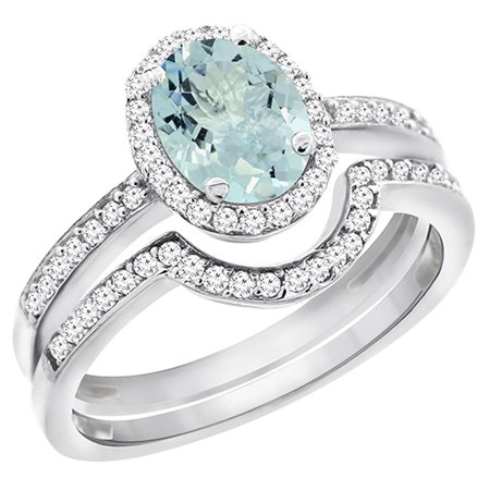 - 14K White Gold Diamond Natural Aquamarine 2-Pc. Engagement Ring Set Oval 8x6 mm, size 5