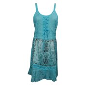 Mogul Women's Blue Sundress Embroidered Hippie Gypsy Corset Laces Boho Dress S/M