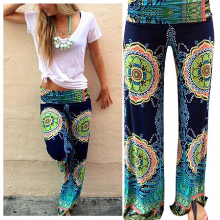 - Women Wide Leg High Elastic Waist Printed Boho Palazzo Pants