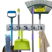 ForHauz Broom Holder with 5 Holding Positions & 6 Hooks, Easy Wall Mount Storage for Organizing Garage or Closet