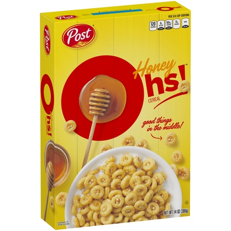 (2 Pack) Post Honey Oh's Breakfast Cereal, Filled O's, 14