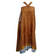 Mogul Womens Reversible Wrap Beach Brown  Printed Reversible Silk Sari Long Skirt