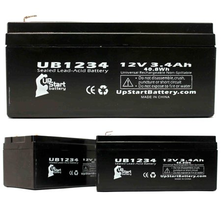 Gilbarco Kit - 3x Pack - Compatible Gilbarco Q1195501 Battery - Replacement UB1234 Universal Sealed Lead Acid Battery (12V, 3.4Ah, 3400mAh, F1 Terminal, AGM, SLA) - Includes TWO F1 to F2 Terminal Adapters