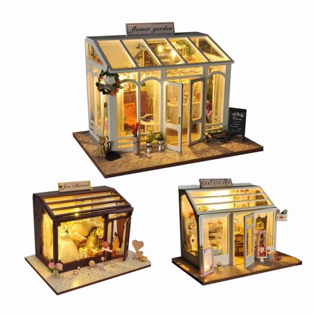 - Akoyovwerve 1Pcs DIY 3D Dollhouse Wooden Flower Garden Cake Shop Bridal Shop Kit Miniature Garden w/ LED Light, Size A