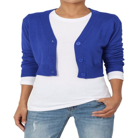 Cotton Tipped V-neck Sweater - TheMogan Women's S~3XL 3/4 Sleeve Button V-Neck Cropped Fine Knit Sweater Cardigan