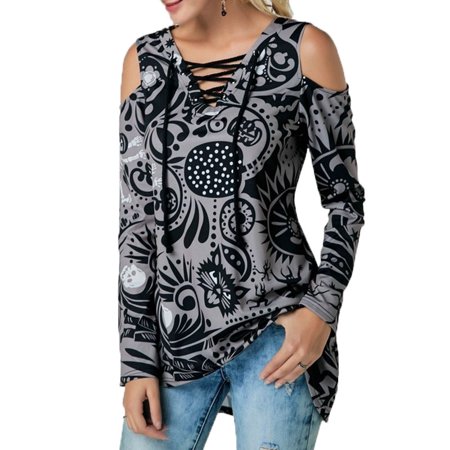Fashion Womens Clothing Casual Printing Long Sleeve Strapless Bandage Loose Large Size Tops