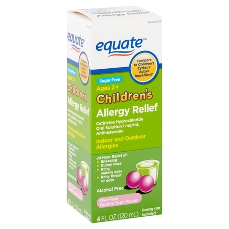 Equate Children's Allergy Relief Cetirizine Hydrochloride Oral Solution, Bubble Gum, 4 fl (Best Children's Allergy Medicine)