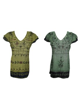 Mogul 2 pc Women's Top Blouse Embroidered Stonewashed Green V-Neck Cap Sleeves Tunic Tops S