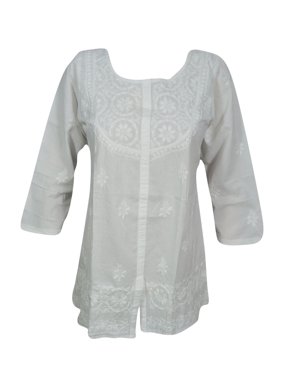 Mogul Women's Cotton White Tunic Blouse Hand Embroidered 3/4 Sleeves Summer Bohemian Ethnic Top L