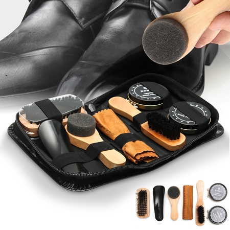 7 In 1 Mini Set Neutral Shoe Polish Boot Leather Shine Care Kit with Case, Brush + Sponge+ Polishing Cloth Set for Boots Shoes