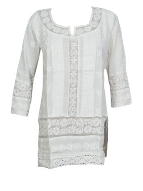 Mogul Women's Handicraft Lucknowi Chikankari Cotton Short Top Tunic Embroidered White Blouse Button Up Gypsy Chic Cover Up Summer S