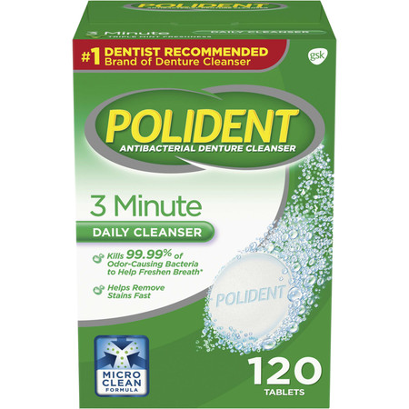 (2 pack) Polident 3 Minute Triple Mint Antibacterial Denture Cleanser Effervescent Tablets, 120 (Best Denture Cleaner For Stains)