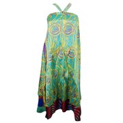 Mogul Womens Wrap Around Skirt Blue Yellow Printed Beach Cover Up Sarong Dress