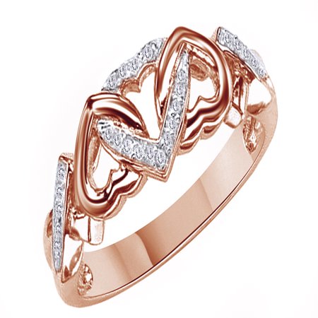 - White Natural Diamond Accent Triple Heart Promise Ring In 14k Rose Gold Over Sterling Silver (0.03 Cttw)