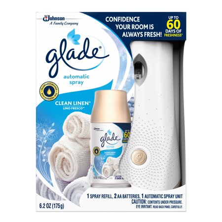 - Glade Automatic Spray Holder and Clean Linen Refill Starter Kit, Battery-Operated Holder for Automatic Spray Refill, Up to 60 days of Freshness, 10.2 oz, 1 6.2 oz Refill
