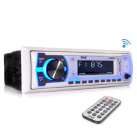 PYLE PLMRB29W - Marine Bluetooth Stereo Radio - 12v Single DIN Style Boat In dash Radio Receiver System with Built-in Mic, Digital LCD, RCA, MP3, USB, SD, AM FM Radio - Remote Control -(White)