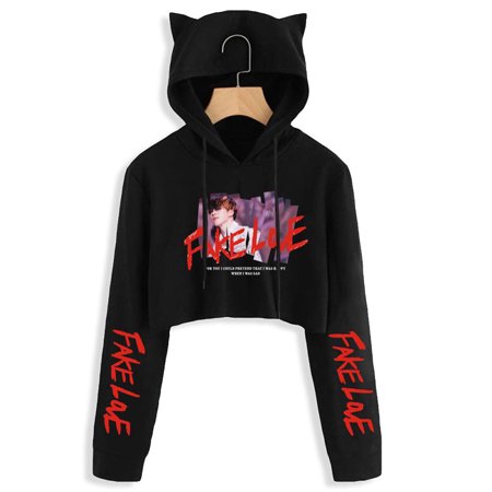 - Fancyleo BTS Album Love Yourself Tear Fake Love Kpop Long Sleeve Cropped Hoodies Sweatshirt Women Cat Hooded Pullover Crop Tops Clothes