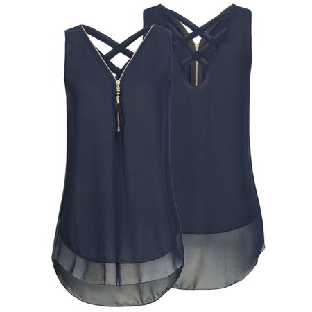 Organic Cross Back Tank - Women Sexy V-neck Zipper Back Cross Irregular Chiffon Plus size Tank tops