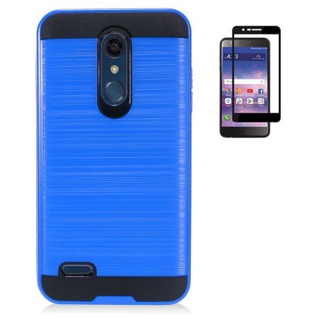 Phone Case for LG Premier Pro 4G LTE, Metallic Brush Finish Cover Case + Tempered Glass Screen Protector (Blue)