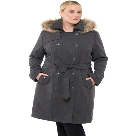 Hooded Fleece Peacoat - Alpine Swiss Womens Parka Trench Pea Coat Belt Jacket Fur Hood Reg & Plus Sizes