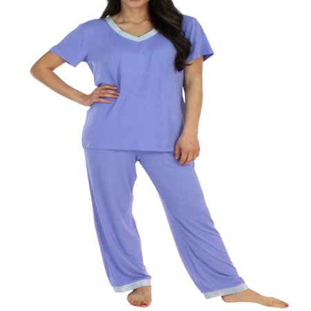 Pajama Heaven Women's Sleepwear Bamboo Jersey V-Neck Top and Pants Pajama Set With Satin Trim